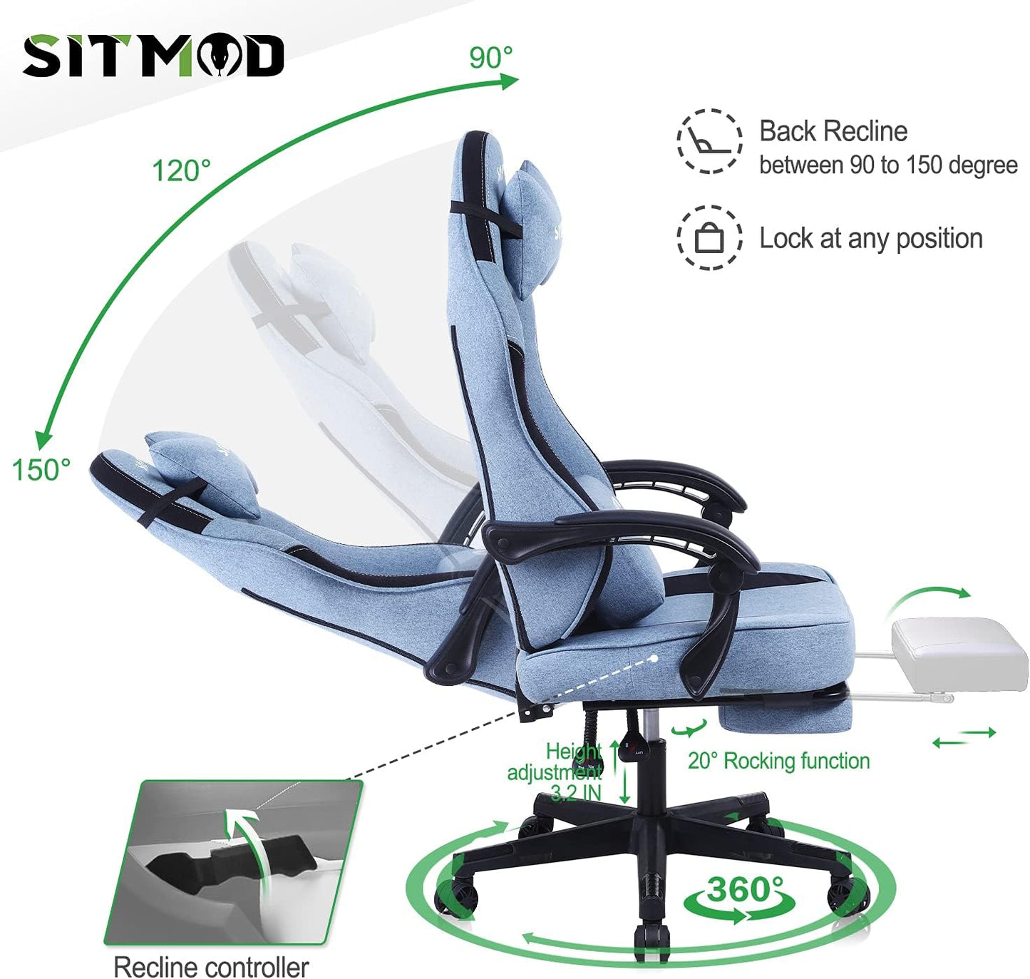 Gaming Chair with Footrest-Pc Computer Ergonomic Video Game Chair-Backrest and Seat Height Adjustable Swivel Task Chair for Adults with Headrest and Lumbar Support(Blue)-Fabric