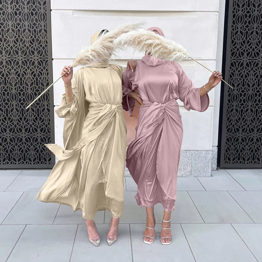 Kaftan Abaya Satin Dubai Turkey Islam Arabic Muslim Sets Robe Longue Kimono Ensemble Femme Musulmane Abayas for Women Morocco