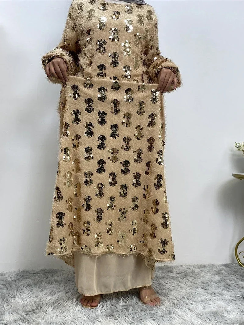Sequins Tassel Abaya Muslim Long Dress for Women Ramadan Eid Long Sleeve Prayer African Dresses Islamic Dubai Abayas 2023