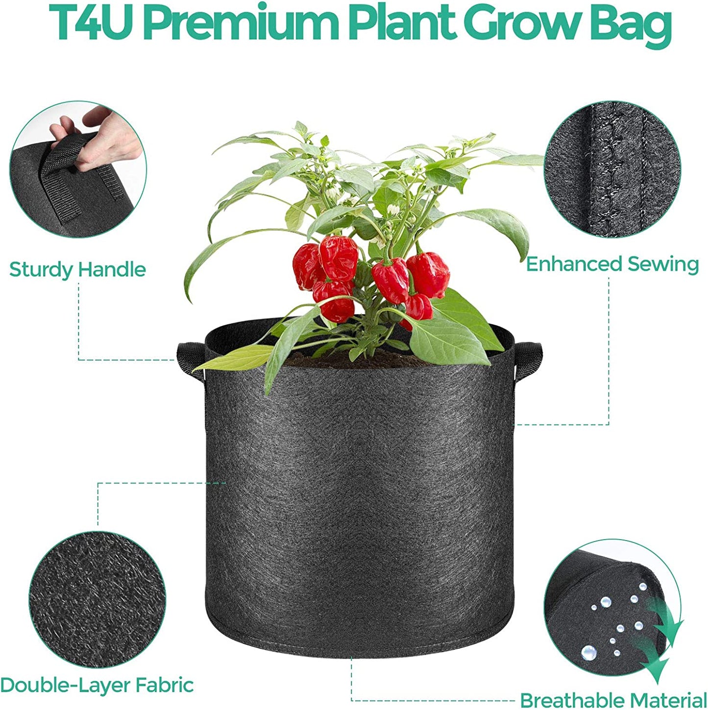 Fabric Plant Grow Bags with Handle 10 Gallon Pack of 5, Heavy Duty Nonwoven Smart Garden Pot Thickened Aeration Nursery Container Black for Outdoor Flower and Vegetables
