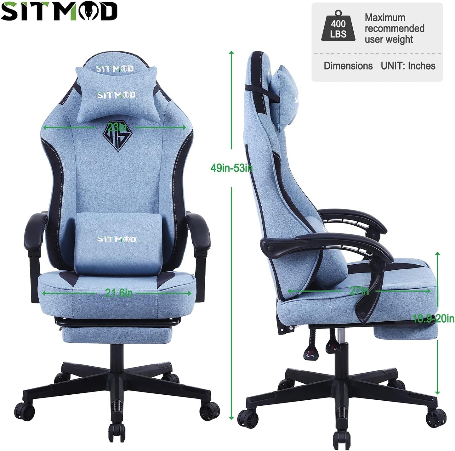 Gaming Chair with Footrest-Pc Computer Ergonomic Video Game Chair-Backrest and Seat Height Adjustable Swivel Task Chair for Adults with Headrest and Lumbar Support(Blue)-Fabric
