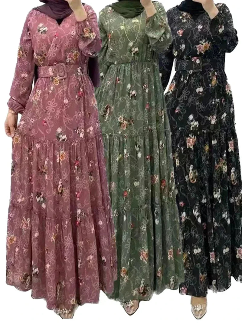 Eid Morocco Dress Women Muslim Abaya Jalabiya Turtleneck Floral Print Belted Dubai Kaftan Robe Vestidos Ramadan Abayas Dresses