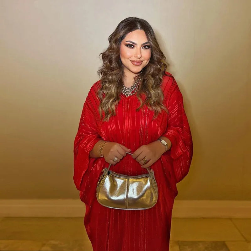 Luxury Shiny Abaya for Muslim Women Kaftan Dubai Batwing Sleeve Evening Dress Modest 2 Piece Abaya Set