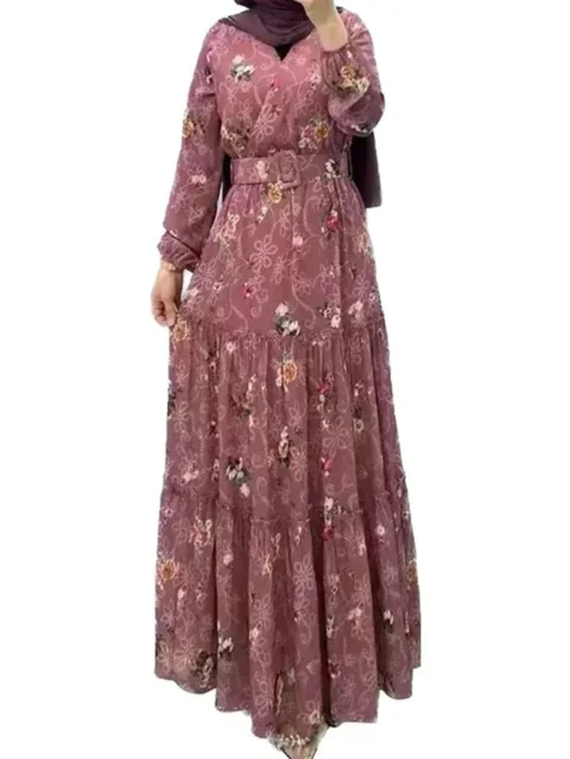 Eid Morocco Dress Women Muslim Abaya Jalabiya Turtleneck Floral Print Belted Dubai Kaftan Robe Vestidos Ramadan Abayas Dresses