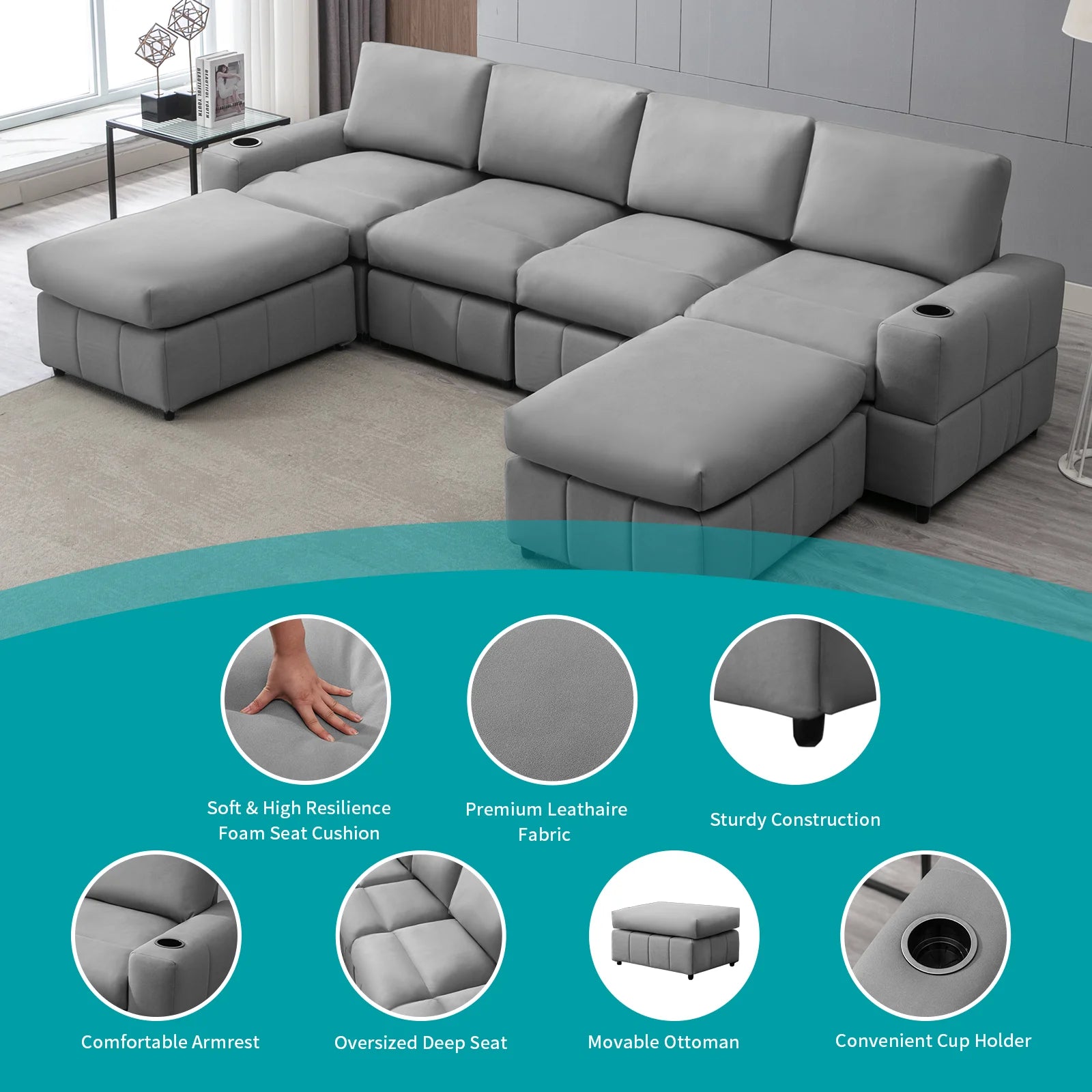 Modular Sectional Sofa, U Shaped Sofa with Ottomans, Large Living Room Furnitures, Light Grey