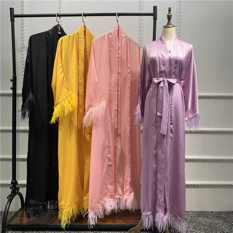 Maxi Dress Eid Djellaba Abaya Dubai Shiny Soft Silky Muslim Abaya Feather Stitching Muslim Dress Islam Abayas with Belt WY85
