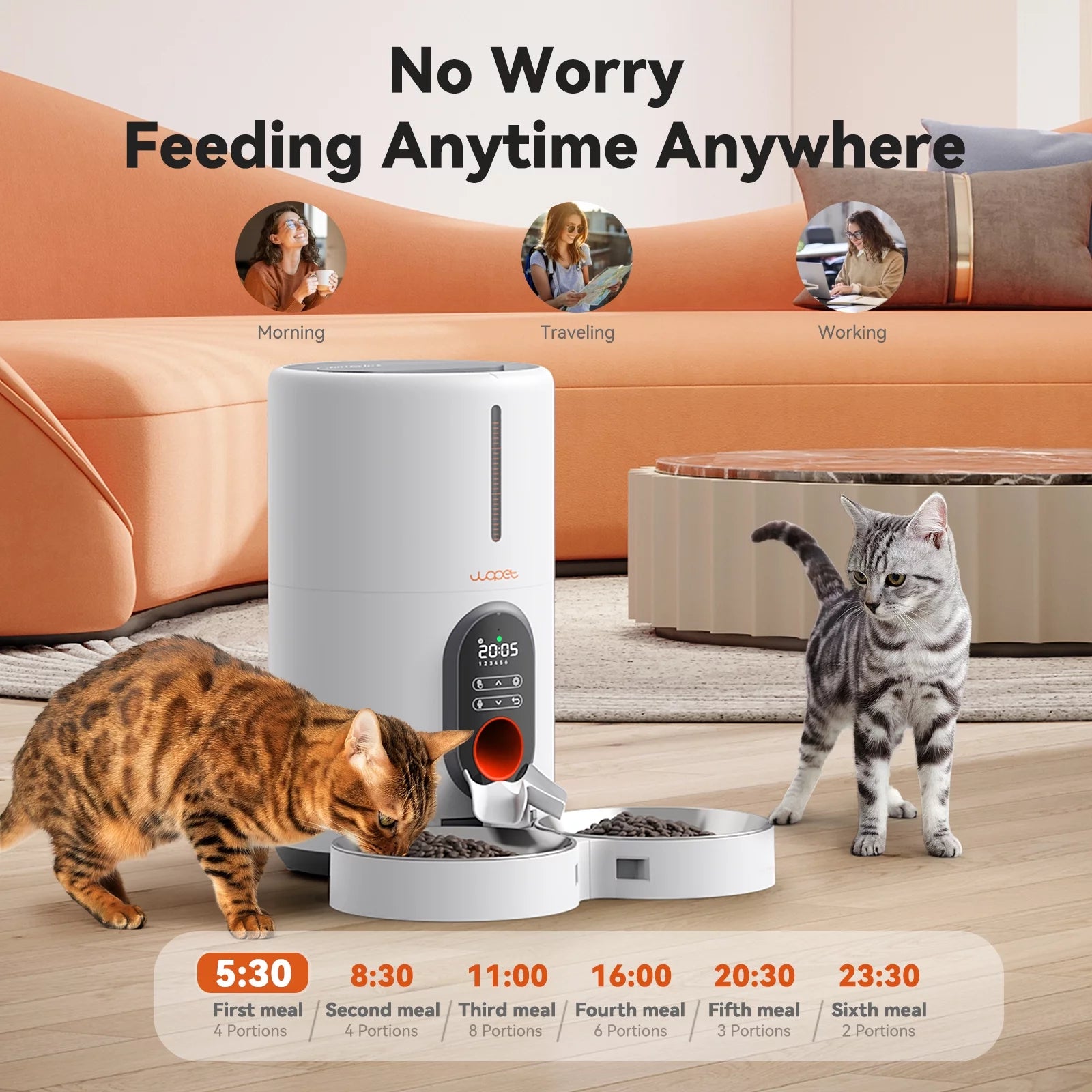 Automatic Cat Feeders for 2 Cats - Timed Dog Food Dispenser with Splitter and Two Stainless Bowls, Cat Feeders 10S Meal Call, 6 Meals per Day for Cats & Small Dogs, White