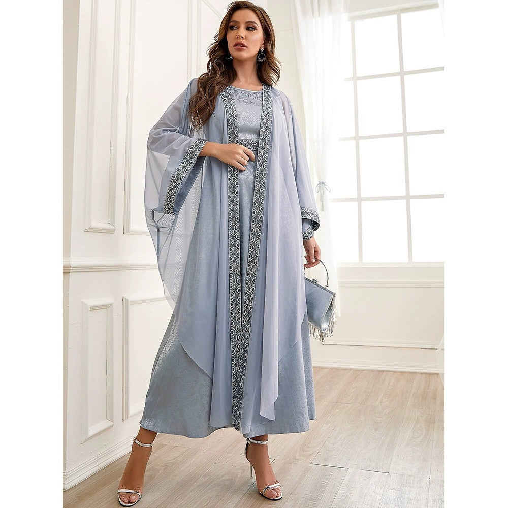 Autumn Muslim New Middle East Dubai Arab Abaya Embroidery Set Female Side
