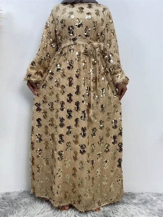 Sequins Tassel Abaya Muslim Long Dress for Women Ramadan Eid Long Sleeve Prayer African Dresses Islamic Dubai Abayas 2023