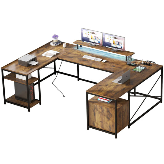 L Shaped Desk with Power Outlets & LED Lights, Reversible Computer Desk with Storage Shelves, U Shaped Gaming Desk with Monitor Stand 2 Person Large Corner Office Desk, Rustic Brown