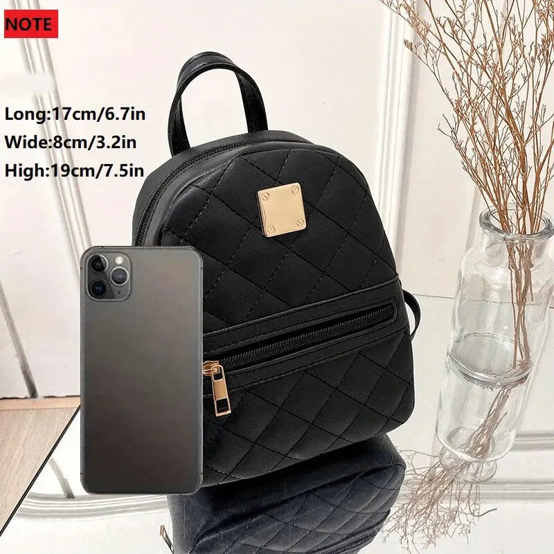 Women'S Cute Small Backpack Rhombic Pattern Backpack with Adjustable Strap Zipper Casual Shoulder Black Mobile Bag