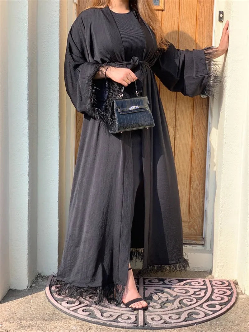 Maxi Dress Eid Djellaba Abaya Dubai Shiny Soft Silky Muslim Abaya Feather Stitching Muslim Dress Islam Abayas with Belt WY85