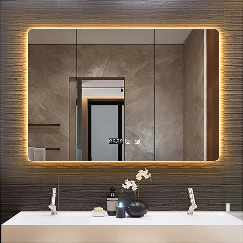 Rectangle Wall Mounted Smart Mirror in Bathroom with LED Light Time/Temperature Display Anti-Fog Touch Switch Vanity Mirrors