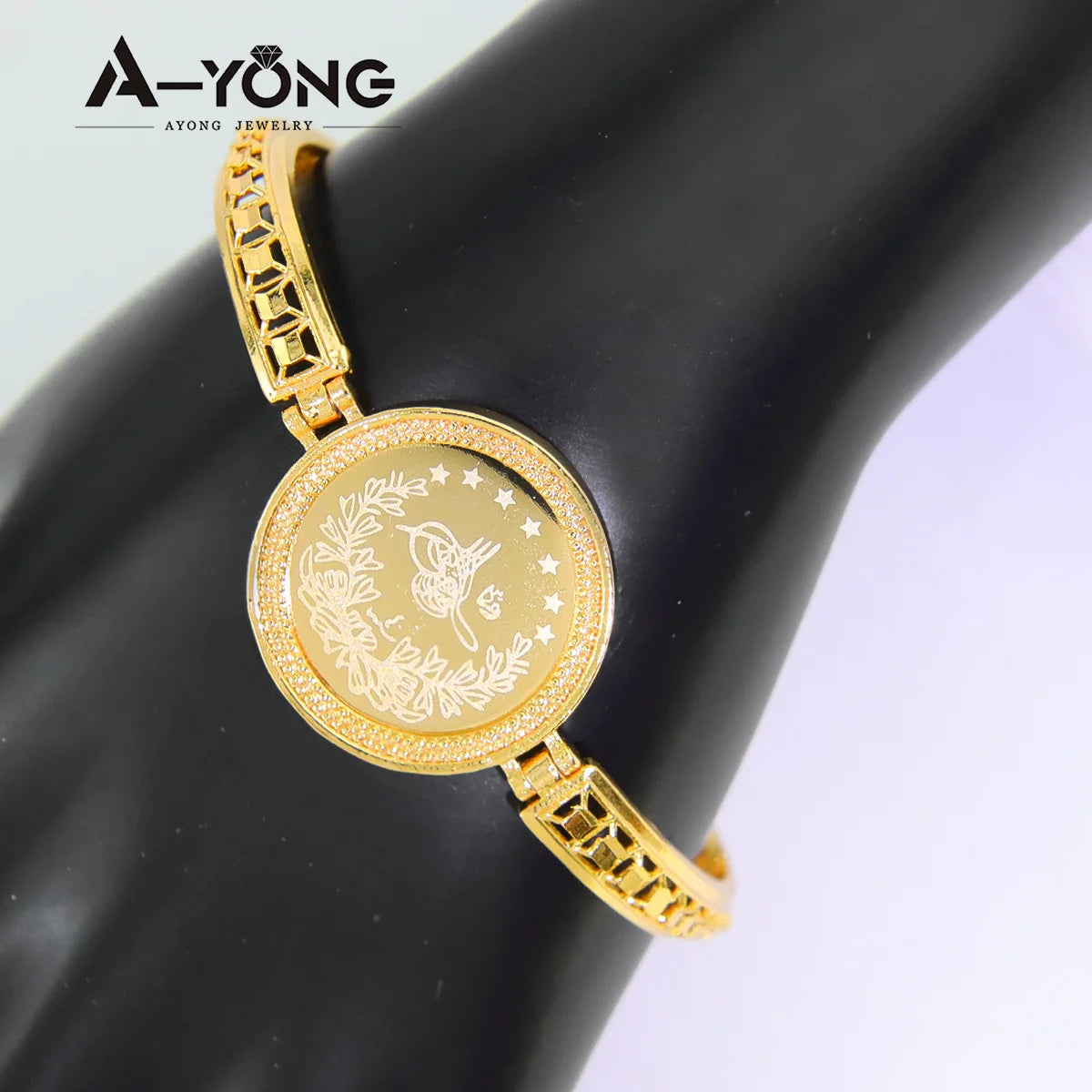 AYONG Arab Gold Color Cuff Bracelet 21K Gold Plated Zircon round Turkish Coins Jewellery Dubai Women Luxury Party Gifts